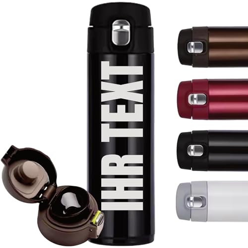 Gravierte Personalisierte Trinkflasche mit Verriegelung 500ml Thermoskanne, Thermobecher-flasche in einem, aus Edelstahl für unterwegs für Kaffee und Tee, schule, uni, thermoflasche