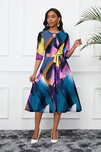 Image of CLOCOR Midi Dresses for Women Casual A-Line Fit and Flare Dress Crewneck 3 /4 Sleeve Keyhole Cocktail Party Church Dress