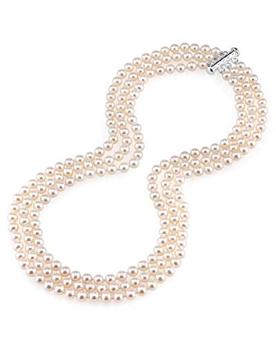 The Pearl Source 5.0-5.5mm AAAA Quality Triple Strand White Freshwater Cultured Pearl Necklace for Women in 16-17-18