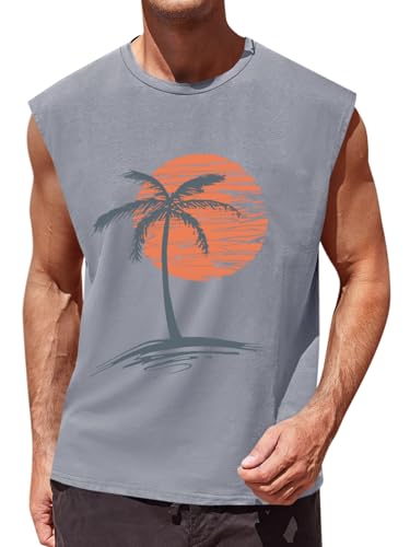 Runcati Mens Sleeveless Tank Tops Workout Gym Muscle Shirts Palm Tree Vintage Hawaiian Summer Beach T Shirts