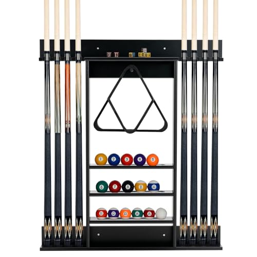 FANTASK - FANTASK Billard Queue Halter für 8 Queues & Billardzubehör, Billardständer Wandmontage, 3-stufig Billardqueueständer für Bars Clubs Spielzimmer (Schwarz)