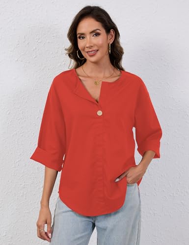 TERIVEEK Summer Linen Shirts for Women Button Down V Neck 3/4 Sleeve T-Shirt Blouse Casual Loose Basic Solid Tunic Tops 2026 Orange Red — view 2