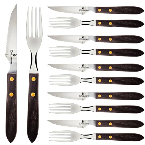 briebe Juego de Cubiertos Mango Madera Acero Inoxidable, Cuchillos Carne Mesa, Hoja Sierra, Tenedores, Set 12 Piezas, 6...