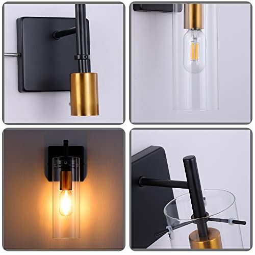 Wenore Home Set Of Two Black Gold Wall Sconces, Modern Metal Sconces With Clear Glass Wall Lighting, Wall Mount Vintage Vanity Light Fixture For Bathroom Bedroom Hallway Livingroom Entry, 2-Pack #TOP6