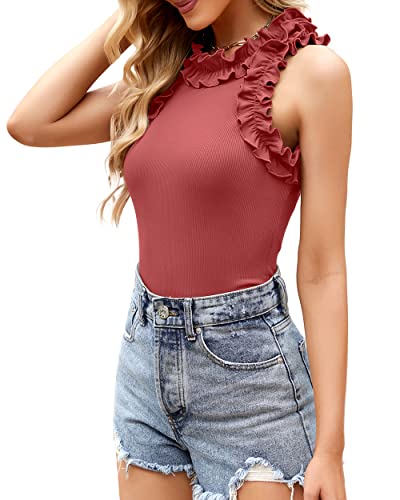 Image of WAYMAKER Women's Sleeveless Racer Back Ruffle Mock Turtle Neck Ribbed Bodysuit Tank Tops