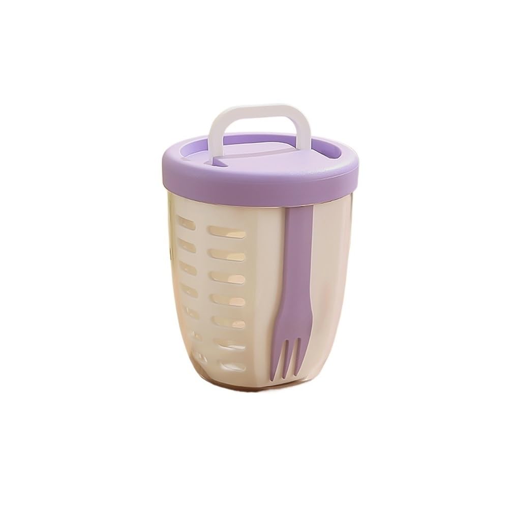 Lopheco 3Pcs Portable Outdoor Salad Cups With Fork, Cylindrical Drainable Plastic Fruit Storage Lunch Containers(Purple)