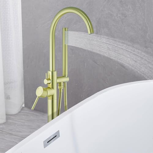 FBUKE Robinet de baignoire autoportant, robinet de baignoire autoportant, en laiton, robinet mitigeur de baignoire et douche à haut débit (or brossé) – vue 5