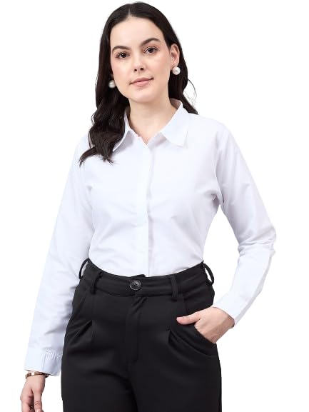 Women White Cotton Blend Formal Long Sleeve Shirt-image-48