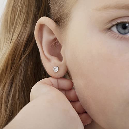 14K White Gold 4Mm Heart Simulated Diamond Birthstone Screw Back Earrings For Babies, Infants & Toddlers - Pretty Heart Studs With Safety Screw Backs For Children - Cute Kids Heart Earring Studs #TOP2
