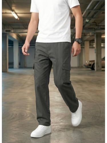 Image of Men's Cargo Trousers-100% Premium Cotton Regular Fit Lightweight Breathable Elastic Waist Multi-Pocket Casual Utility Pants