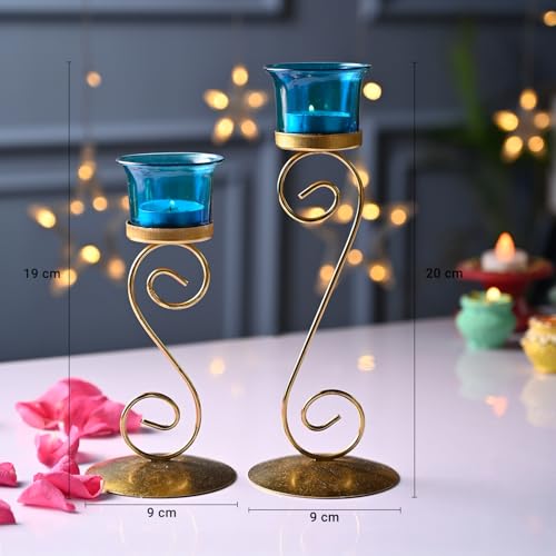 Image of Market99 Glossy Golden Metal T-Light Holder Set of 2 with Leaf Pattern & Blue Glass Votives | Stylish Decorative Tealight Candle Stand for Home Decor, Office, Living Room & Festive Season Celebrations