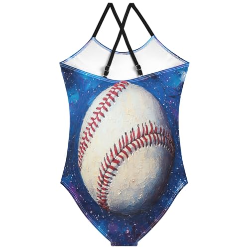 Pigsaly Girls One Piece Swimsuits Galaxy Space Stars Red Lace Stitches Baseball Kids Cross Back Swimwear Bathing Suit 3T2