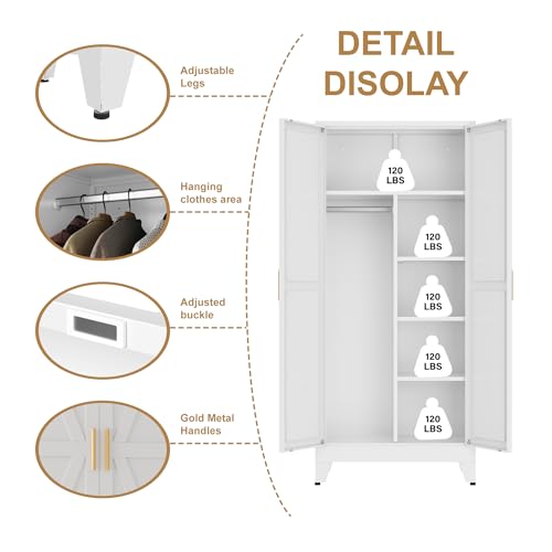 Metal armoire Wardrobe Closet with Hanging Rod,71'' Metal Wardrobe Cabinet with 2 Doors and 4 Adjustable Shelves, Bedroom armoires,Laundry Room cabinets,armario de ropa Closet(Modern, White) - Image 5