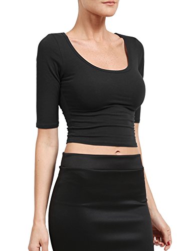 Ne People Womens Slim Fitted Casual Crew Neck Elbow Sleeve Crop Top Shirt With Stretch #TOP1