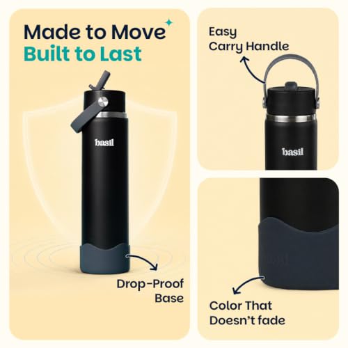 Image of Basil HydraFizz Stainless Steel Insulated Water Bottle for Kids & Adults | 800ml Leakproof Sipper Bottle with Carry Handle | Double Wall Vacuum Thermosteel Bottle for Home, & Travel | Classic Black