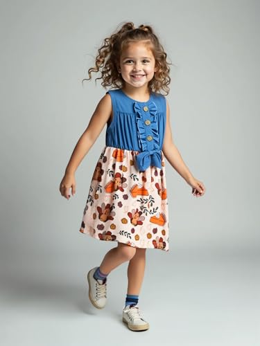 Image of Unique Baby Girls Sleeveless Denim Dress with Knot Tie and Fun Print for Toddler and Big Kids