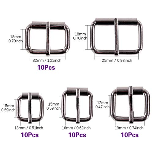 'Swpeet 50Pcs 5 Sizes 1/2'' 3/4'' 1'' 5/4'' 5/8'' Multi-purpose Metal Roller Buckle Ring Assortment Kit for Hardware Belt Bags Ring'