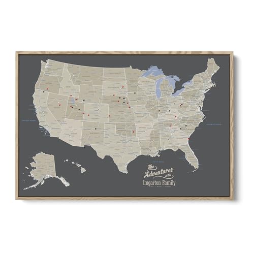 Image of United States Travel Map with Pins - Earth Tone USA Pinnable Map to Track Travels - Oversized Canvas Wall Art Gift for Travelers - Natural Float Frame - 34 inch x 51 inch