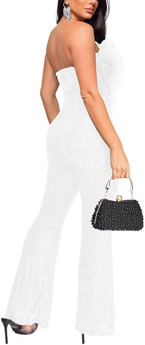 [PxshEisua] 女性用セクシーなノースリーブオフショルダーラップチェストフェザーコラボレーションスパンコールジャンプスーツ