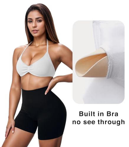 Image of OMKAGI Halter Sports Bras for Women Padded Strappy Bra Open Back Workout Gym Crop
