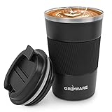 Thermobecher - Kaffeebecher Thermo mit Auslaufsicherem Deckel, 380ML Edelstahl Vakuum Reisebecher Doppelwandige Kaffeebecher to go Auto Isolierbecher für Tee, Kaffee, heißes/kaltes Wasser (Schwarz)
