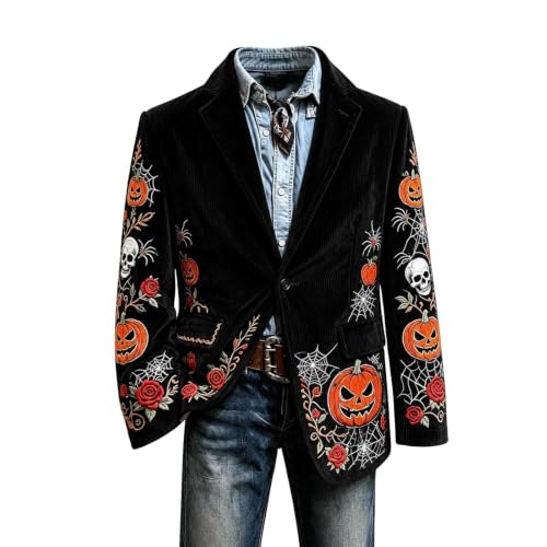 Mens Halloween Corduroy Blazer Pumpkin Spider Skull Printed Sleeves Jacket - image 4