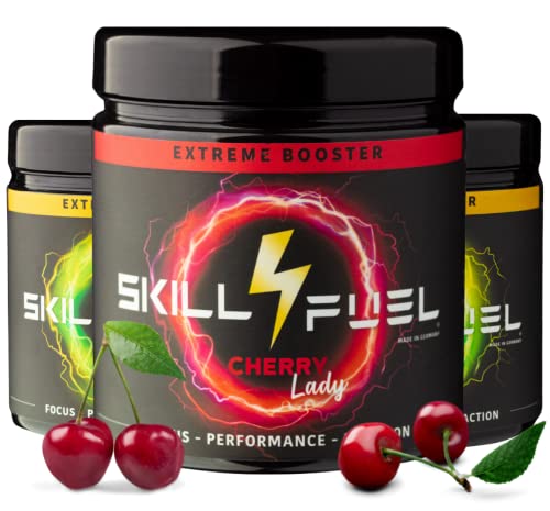 Skill4Fuel® Extreme Booster - Energy Pulver mit ALCAR, DMAE, TAURIN, CHOLINE, TYROSINE - extrem hochdosiert, 180mg Koffein & 200mg NewCaff | 60 Scoops | 300g (Cherry) Cover
