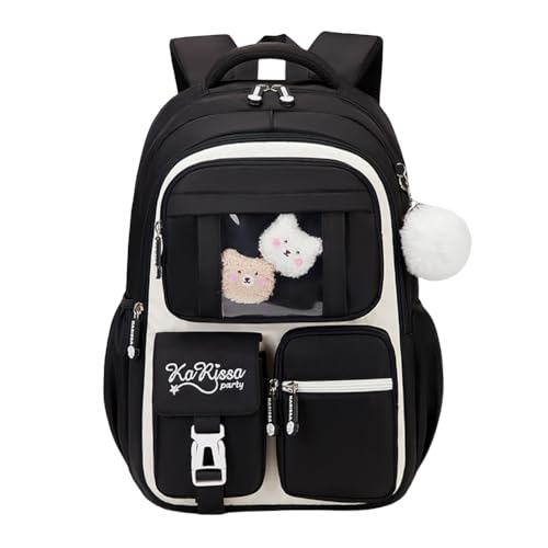 Image of MATMO Multi-Pocket Girls Boys School Backpack Kids Student Bookbag Travel Daypack (Black with White)