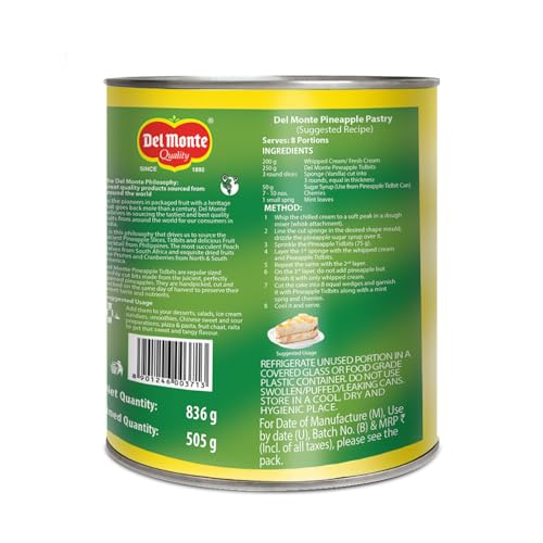 Image of Del Monte Quality Pineapple Tidbits, 836g| Canned Pineapple| Ideal for deserts, salads and sncaks| Product of Philippines