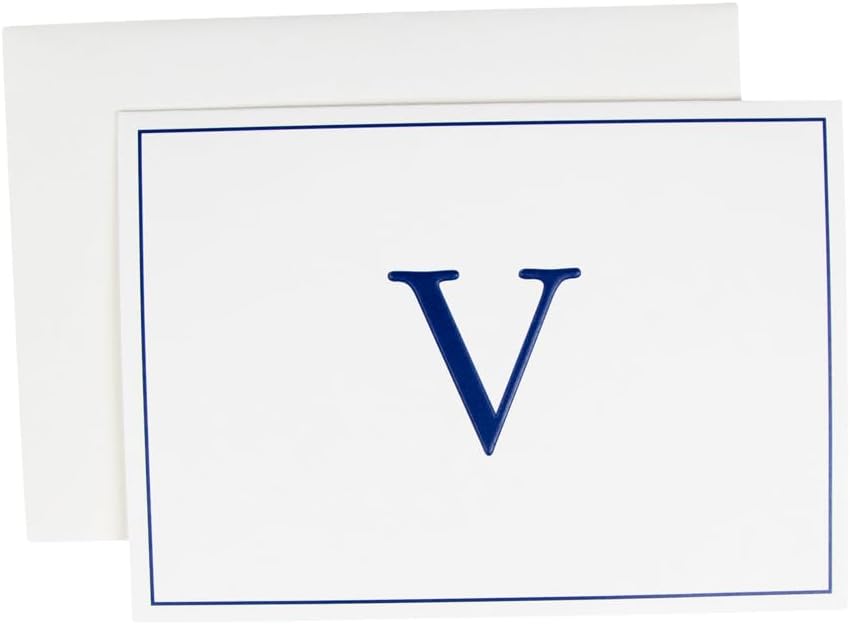 Caspari Navy Embossed Initials Boxed Note Cards in Letter V, 32 Cards & Envelopes