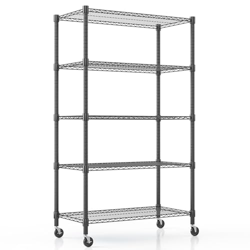 Himimi 5-Tier Heavy Duty Steel Wire Rack Storage Shelving, Adjustable Metal Storage Shelves with Wheels, 82''H Wire Shelf for Kitchen Garage Basement Pantry Organization, 18