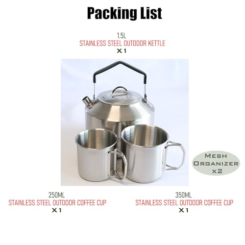 JouiiSiYa Camping Kettle & 2 Cups, Stainless Steel Camp Kettle – Lightweight Tea Pot for Open Fire, Portable with Carrying Bag (1.5L/1.6Qt) - Image 2
