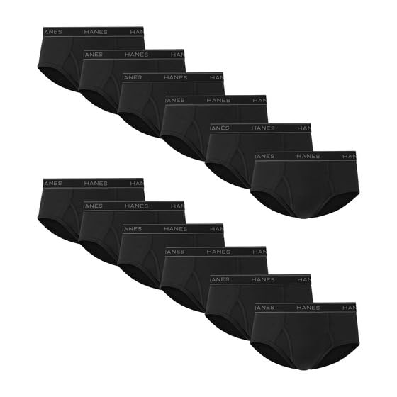 Hanes Men's Pack, Cotton Briefs, Moisture-Wicking Underwear, 12-Pack, Black, XL (Pack of 12)