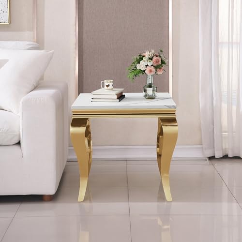 Image of Luxury Marble Side Table, Square End Table with Faux Marble Tabletop & Gold Stainless Steel S Legs, Modern Sofa Side Table for Living Room, Bedroom, Home Decor