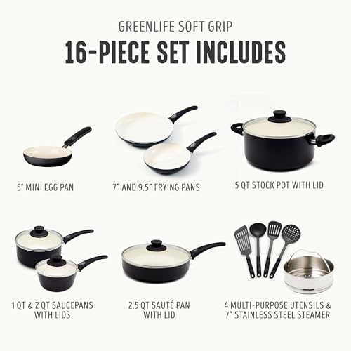 Image of GreenLife 16 Piece Ceramic Nonstick Pots & Pans Cookware Set, Black & Cream