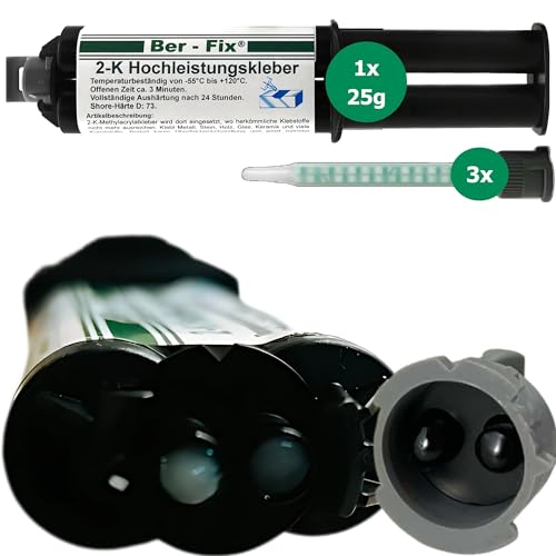 Ber-Fix 25g 2K Hochleistungskleber EXPRESS 3 Min 2K Kleber Kunststoff Metallkleber Extra Stark + 3 Spitzen Metall Pvc GfK Holz Epoxid Harz frei auch als Kunststoff Spachtelmasse verwendbar