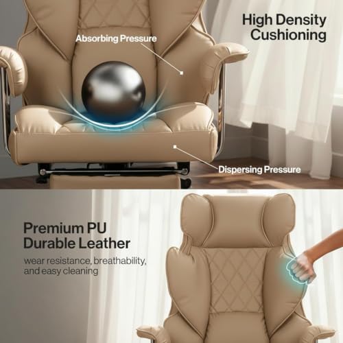 Image of DROGO Premium Leatherette Ergonomic Office Chair for Work from Home, Desk Computer Chair with Spacious Cushion Seat, Soft Armrest, Head & Lumbar Support (Cream)