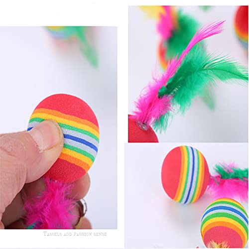 MEISO 10 Stück Katzenspielzeug, Bälle mit Feder, Regenbogen-Katzenbälle, Spielzeug, interaktives Kätzchenspielzeug, bunte Bälle für den Innenbereich, Kätzchen, Kautraining, Jagd