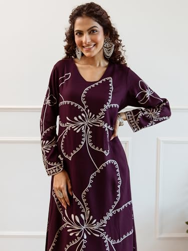 Image of INDO ERA Women Viscose Rayon Floral Embroidered Straight Kurta & Pant Set (IEOUT6941)