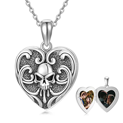 Skull Locket Necklace Sterling Silver Rose Skull Heart Locket Necklace That Holds Pictures Locket Necklace Skull Gothic Jewelry Halloween Jewelry Gift For Women Men (Skull Locket 02) #TOP27