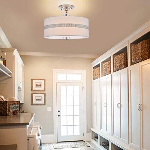 A1A9 Modern 3-Light Drum Pendant Lighting Fixture, 40cm Fabric Lamp Shade, Semi Flush Mount LED Ceiling Lights Chrome Rod Chandelier for Living Room Entryway Hallway Dining Room (White)