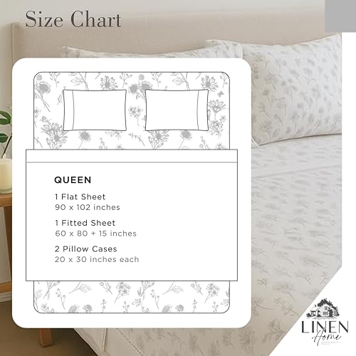 Image of Linen Home 100% Cotton Printed Percale Sheet Set Queen Size, 4 Piece Deep Pocket Floral Bedding, Crisp Cool & Breathable, Fade-Resistant Design, Hotel Luxury, Long-Staple Combed Cotton, Grey Botanical