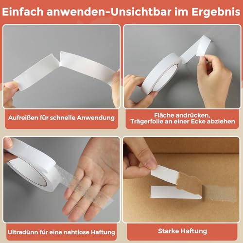 6 Rollen Doppelseitiges Klebeband - dünn & Klebefest für Basteln, Papier, Karten, Geschenkverpackung sowie leichte Aufgaben zu Hause & Büro | Breitenmix: 6/6/10/12/15/20 mm | 6x20m (Gesamtlänge 120m)