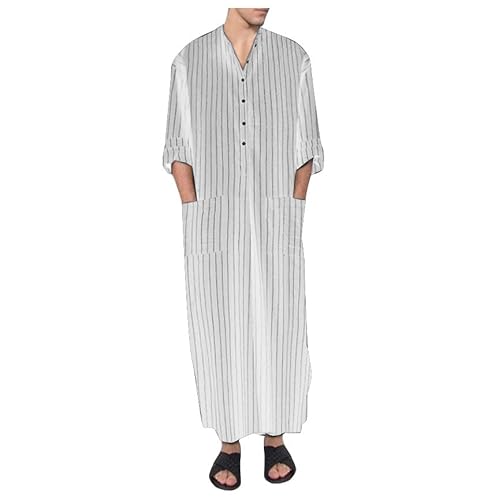 RTTUIOP Kurta Men Thobe Kaftan Muslim Clothes Robe Nightgown Tunic Plus Size Retro Bike Short Sleeve Solid Comfy Pocket Softest Vneck Robe White
