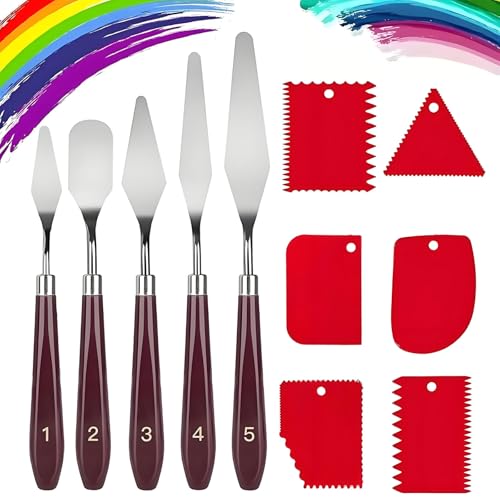 MYTOAU 11 Pieces Palette Knife Set, 5Pcs Stainless Steel Palette Knives and 6Pcs Plastic Scrapers, Flexible Spatula for Oil Painting, Acrylic Painting, Color Mixing and Thick Paint Applications