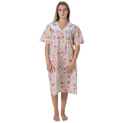 Image of Women's Short Sleeve Woven Snap-Front Closure Floral Embroidery Housecoat Duster Lounge Nightgown Robe with Front Pockets