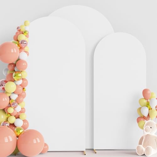 Image of Wokceer Wedding Arch Cover (8FT, 7.2FT, 6.6FT) Set of 3 Spandex Fitted Wedding Arch Stand Covers Round Top Chiara Arch Backdrop Stands Cover for Birthday Party Ceremony Banquet Decor White