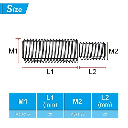 PATIKIL M8*M10*40 Doppelt-Endgewindebolzen, 5er Pack 304 Edelstahl Stangenbolzen Gewinde Reduzieradapter für Möbelbeschläge, 41mm lang