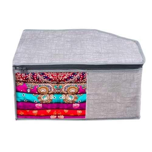 Image of Kuber Industries Blouse Cover | Clothes Storage Bag | Zipper Closure Wardrobe Organizers | Clothes Organizer With Transparent Window | Jute Printed Clothes Bag | Pack Of 3 | Gray, 40 x 27 x 20 Cm