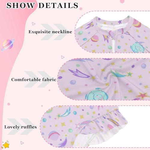 Wusikd Girls Long Sleeve Swimsuit Space Planets One Piece Bathing Suit Zipper Stars Pink Swimwear Sun Protection 5-6T4